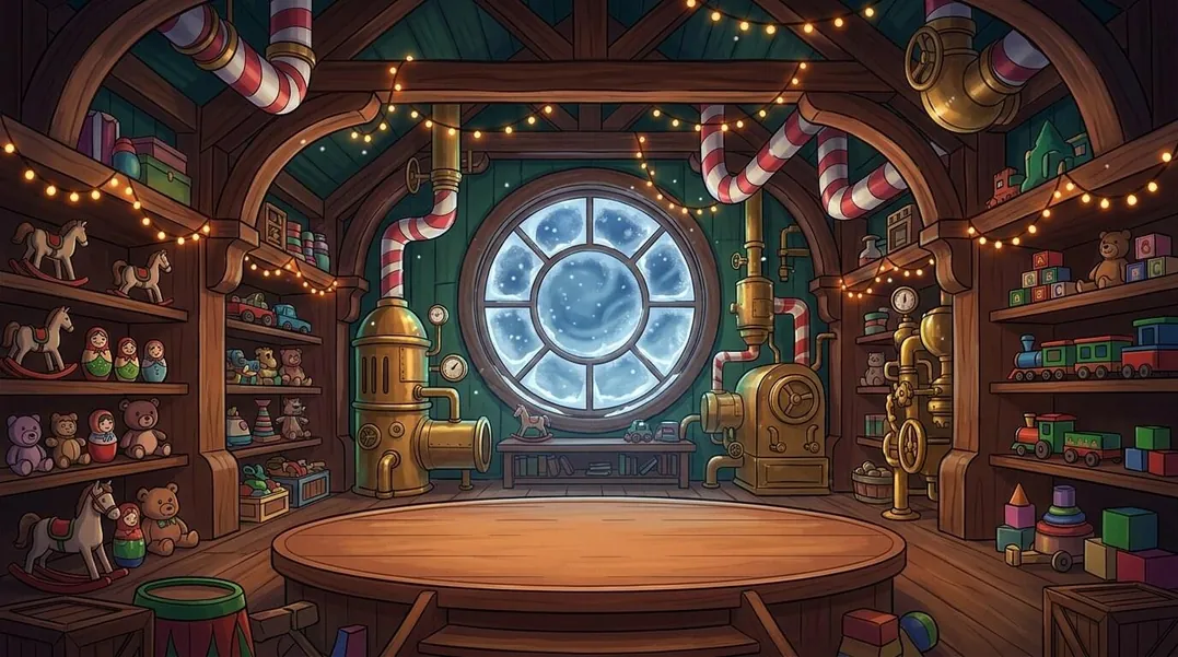 The Main Workshop with toys and glowing workbenches