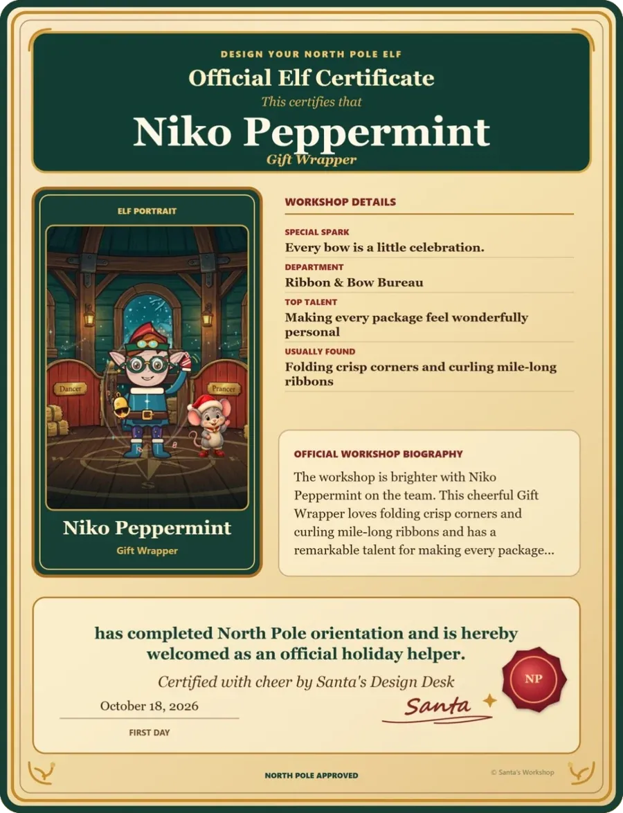 A finished Official Elf Certificate from Design Your North Pole Elf, with the elf portrait, workshop details and Santa's signature