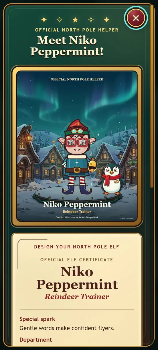 Meet my elf screen with the official elf certificate