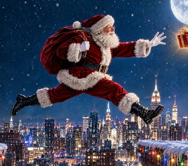 Santa leaping across snowy city rooftops